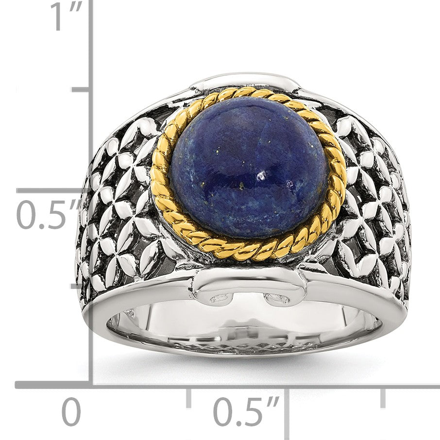Sterling Silver Antiqued with Gold-plated Accent Polished Round Lapis Cabochon Woven Pattern Ring