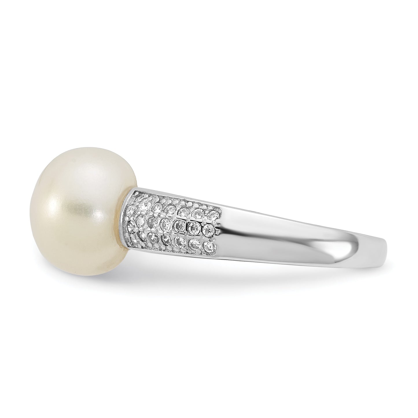 Sterling Silver Rhodium-plated 9-10mm Button White Freshwater Cultured Pearl and CZ Size 6 Ring