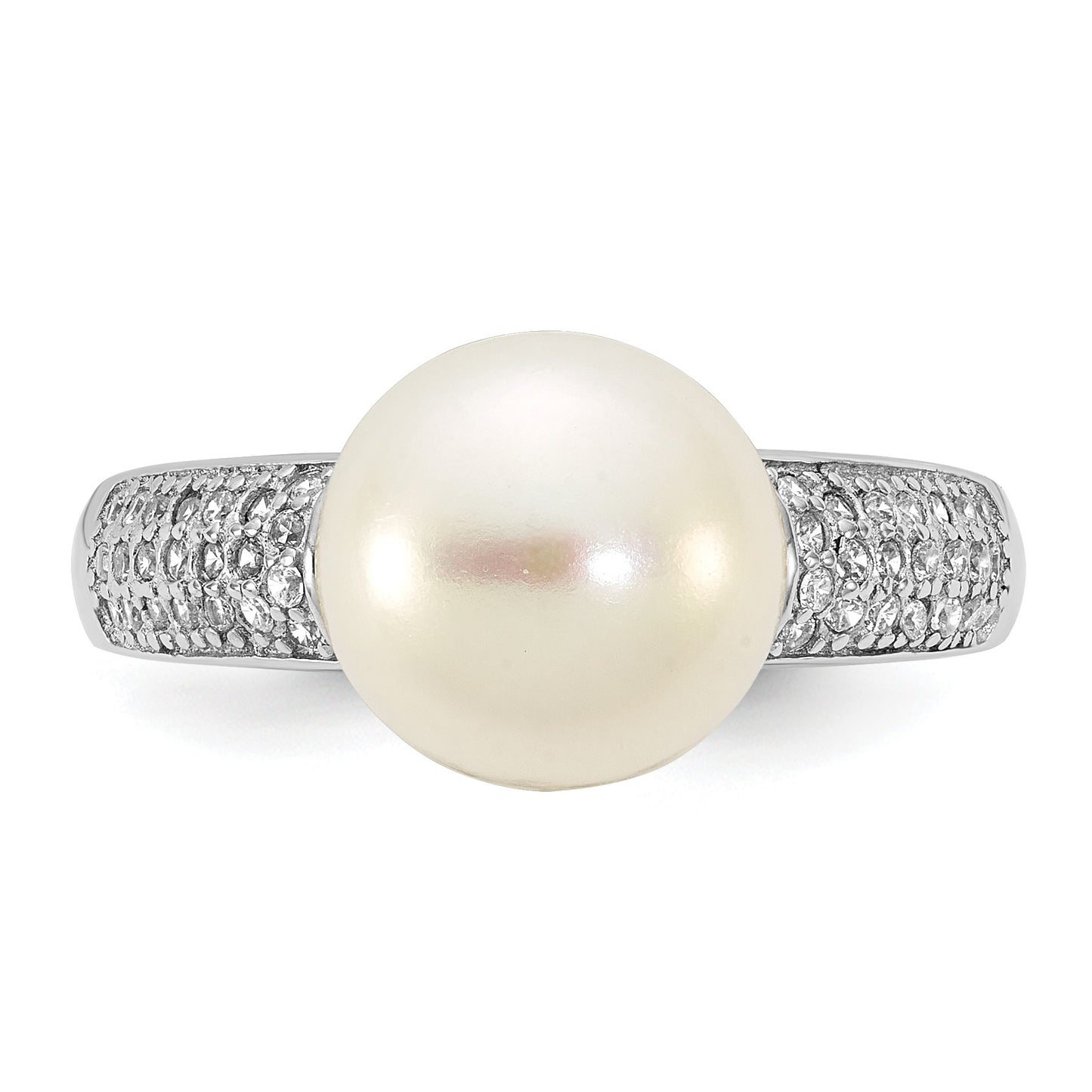 Sterling Silver Rhodium-plated 9-10mm Button White Freshwater Cultured Pearl and CZ Size 6 Ring