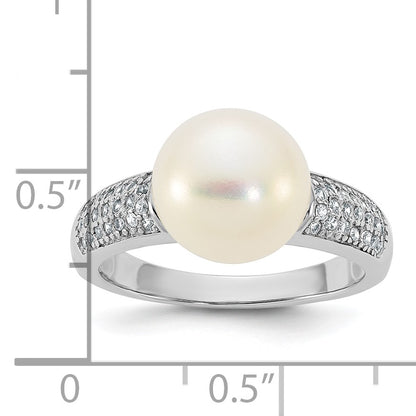 Sterling Silver Rhodium-plated 9-10mm Button White Freshwater Cultured Pearl and CZ Size 6 Ring