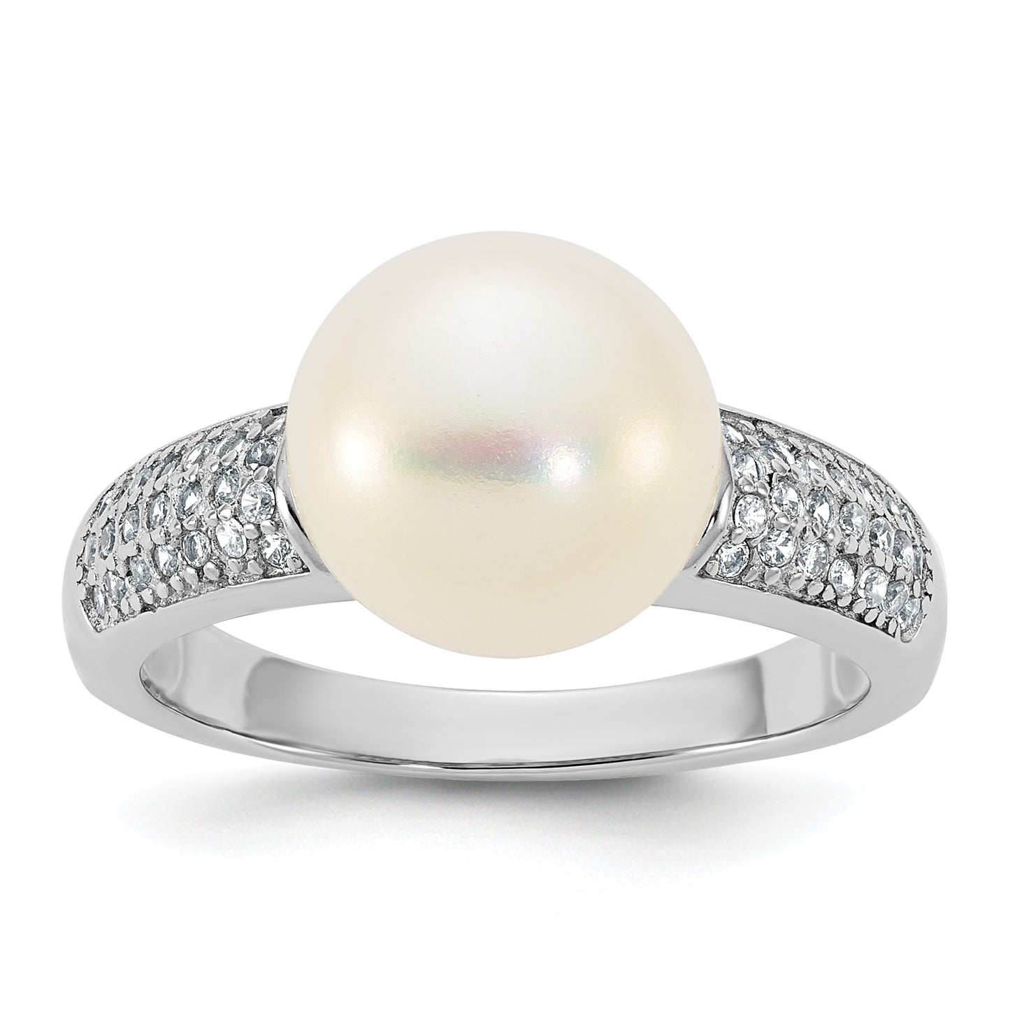 Sterling Silver Rhodium-plated 9-10mm Button White Freshwater Cultured Pearl and CZ Size 6 Ring
