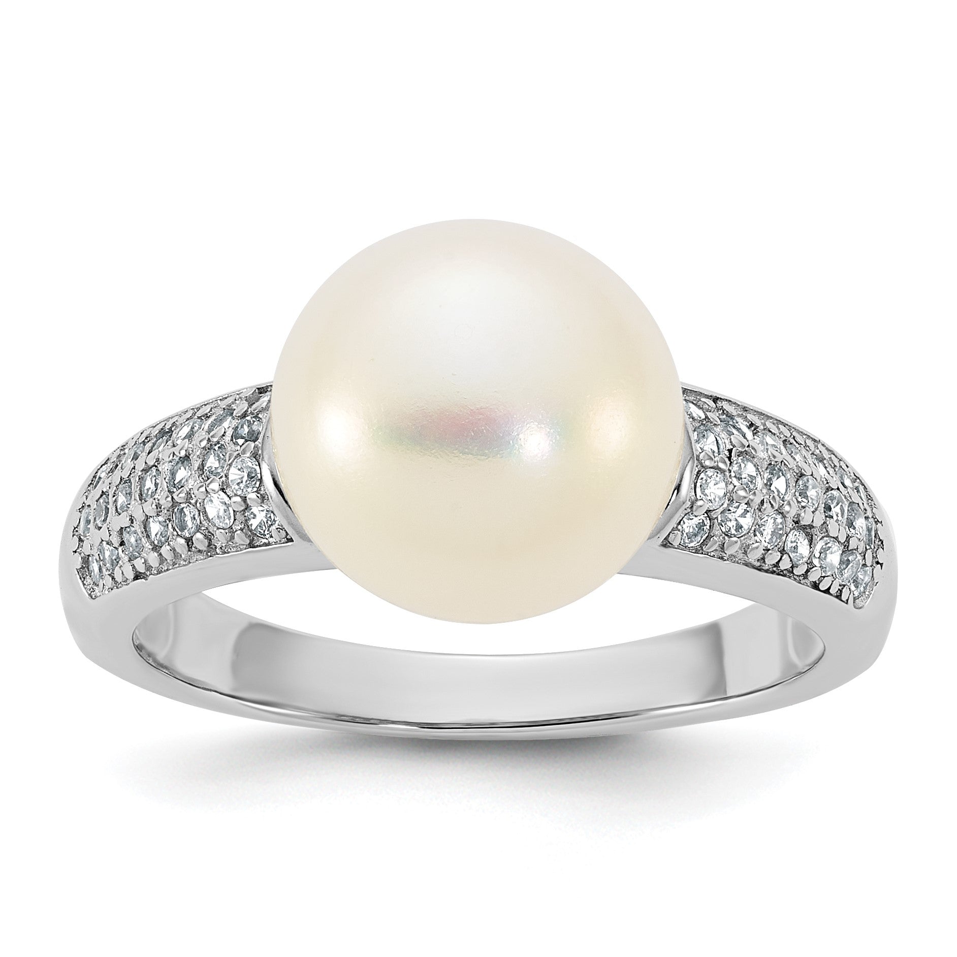 Sterling Silver Rhodium-plated 9-10mm Button White Freshwater Cultured Pearl and CZ Size 6 Ring