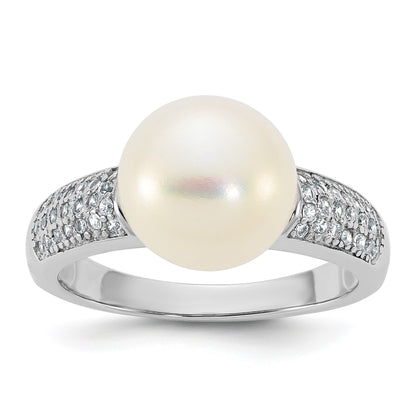 Sterling Silver Rhodium-plated 9-10mm Button White Freshwater Cultured Pearl and CZ Size 6 Ring