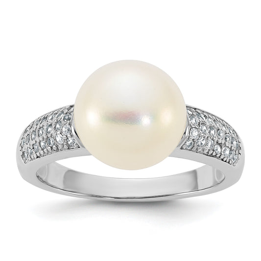 Sterling Silver Rhodium-plated 9-10mm Button White Freshwater Cultured Pearl and CZ Size 6 Ring