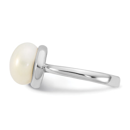 Sterling Silver Rhodium-plated 10-11mm Button White Freshwater Cultured Pearl Size 7 Ring