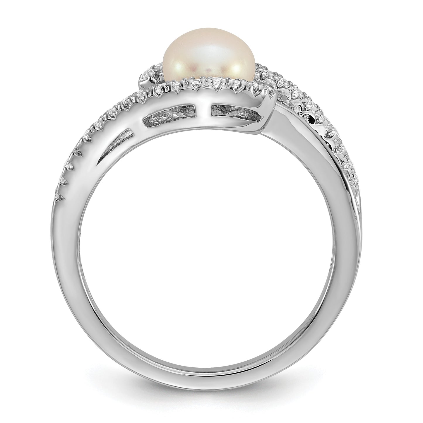 Sterling Silver Rhodium-plated Polished CZ and 6-7mm Freshwater Cultured Pearl Size 6 Ring