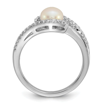 Sterling Silver Rhodium-plated Polished CZ and 6-7mm Freshwater Cultured Pearl Size 6 Ring