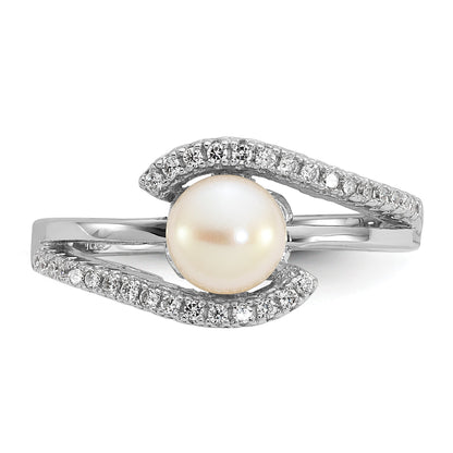 Sterling Silver Rhodium-plated Polished CZ and 6-7mm Freshwater Cultured Pearl Size 6 Ring