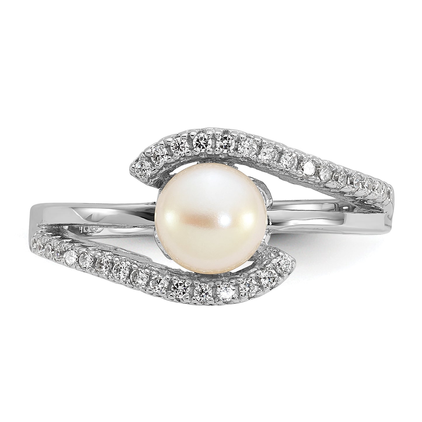 Sterling Silver Rhodium-plated Polished CZ and 6-7mm Freshwater Cultured Pearl Size 8 Ring