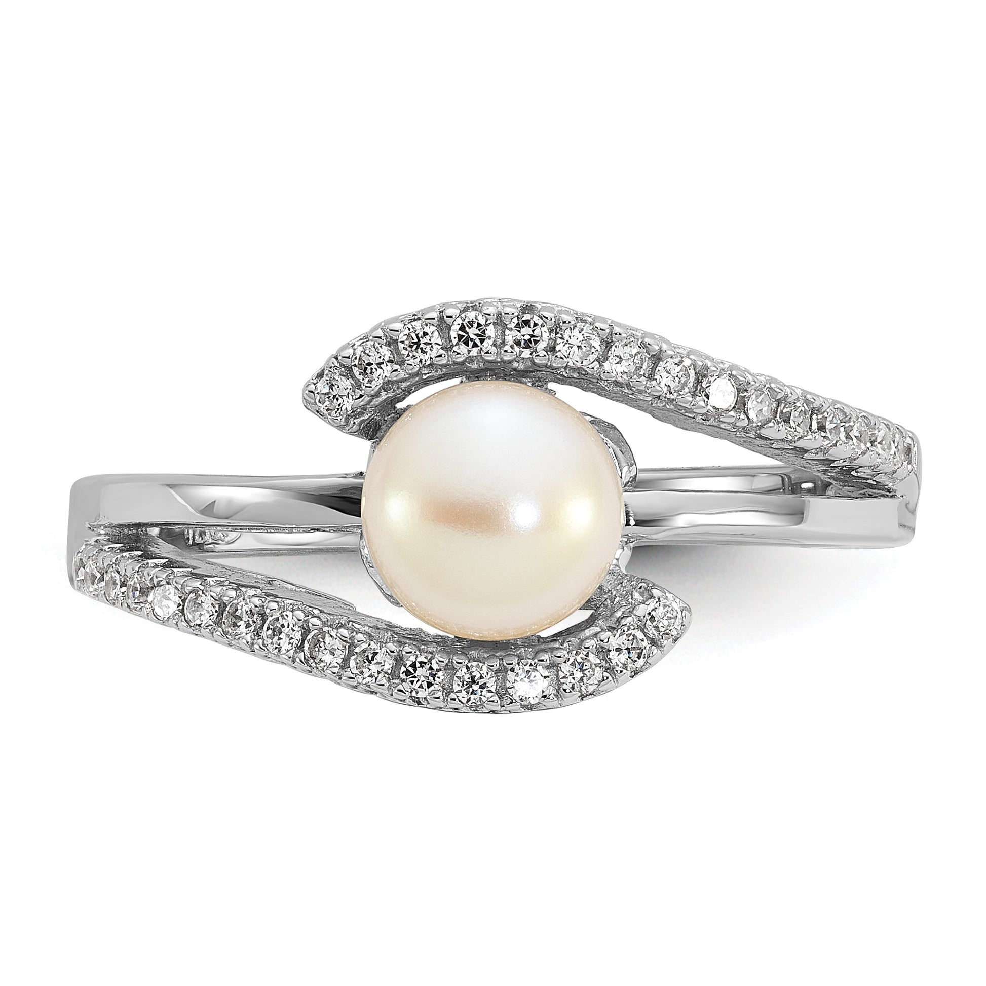 Sterling Silver Rhodium-plated Polished CZ and 6-7mm Freshwater Cultured Pearl Size 8 Ring