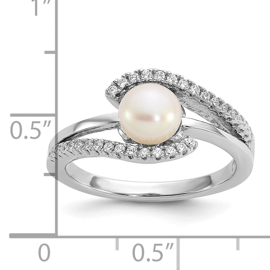 Sterling Silver Rhodium-plated Polished CZ and 6-7mm Freshwater Cultured Pearl Size 6 Ring