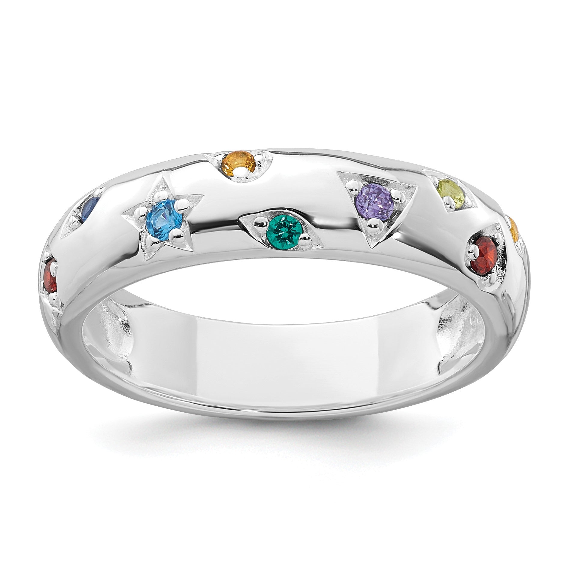 Sterling Silver Rhodium-plated Polished Multicolor CZ Geometric Shapes 5.00mm Band Size 8 Ring