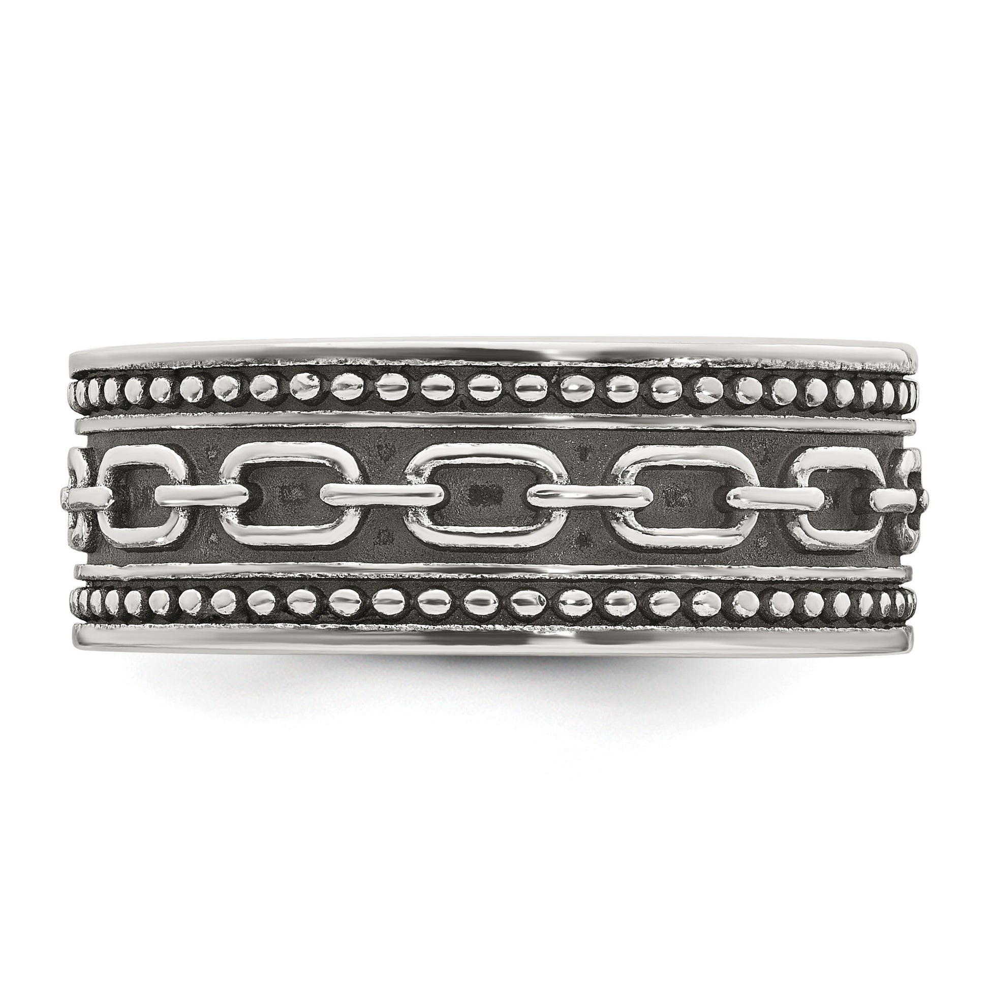 Sterling Silver Polished Beaded Antiqued Chain Link Band Size 10 Mens Ring