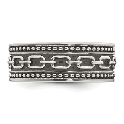 Sterling Silver Polished Beaded Antiqued Chain Link Band Size 10 Mens Ring