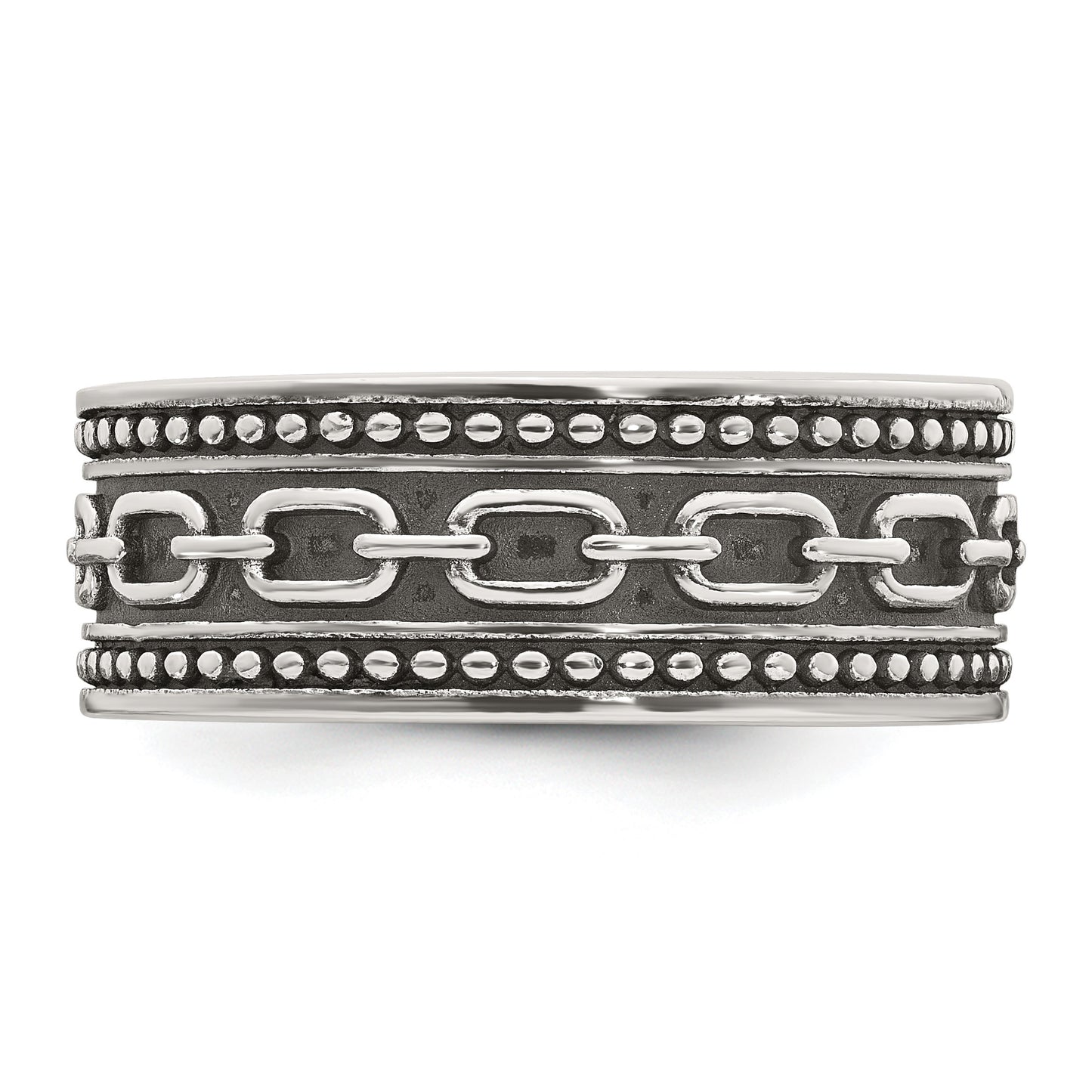 Sterling Silver Polished Beaded Antiqued Chain Link Band Size 11 Mens Ring