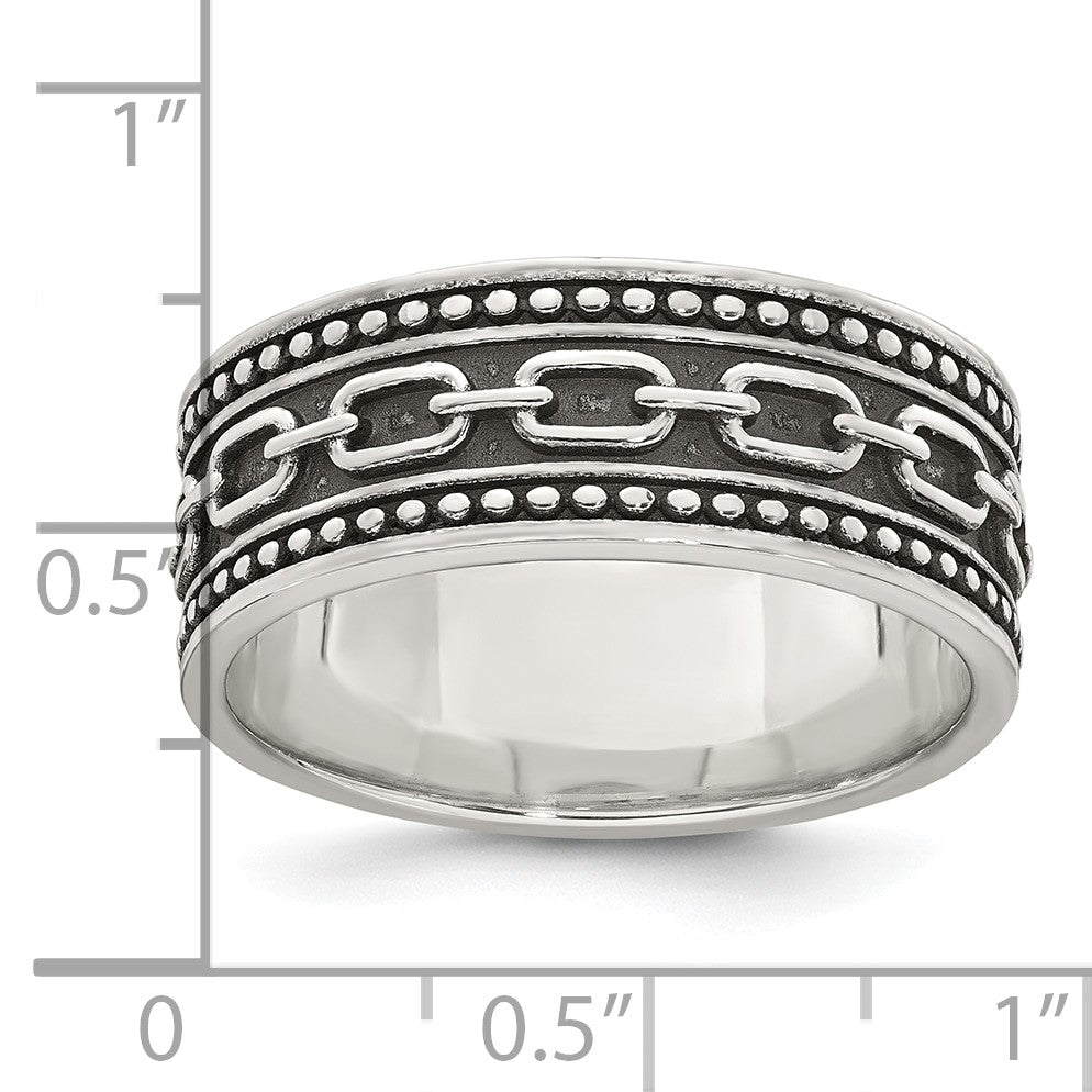Sterling Silver Polished Beaded Antiqued Chain Link Band Size 10 Mens Ring