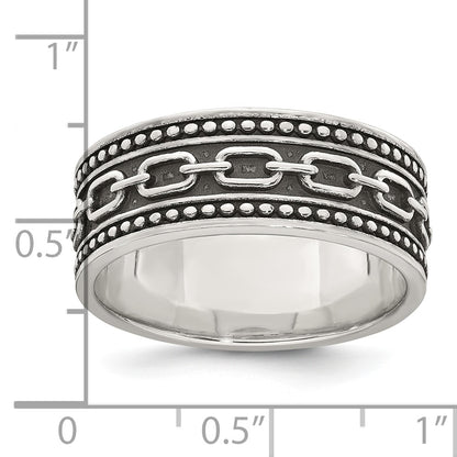 Sterling Silver Polished Beaded Antiqued Chain Link Band Size 10 Mens Ring