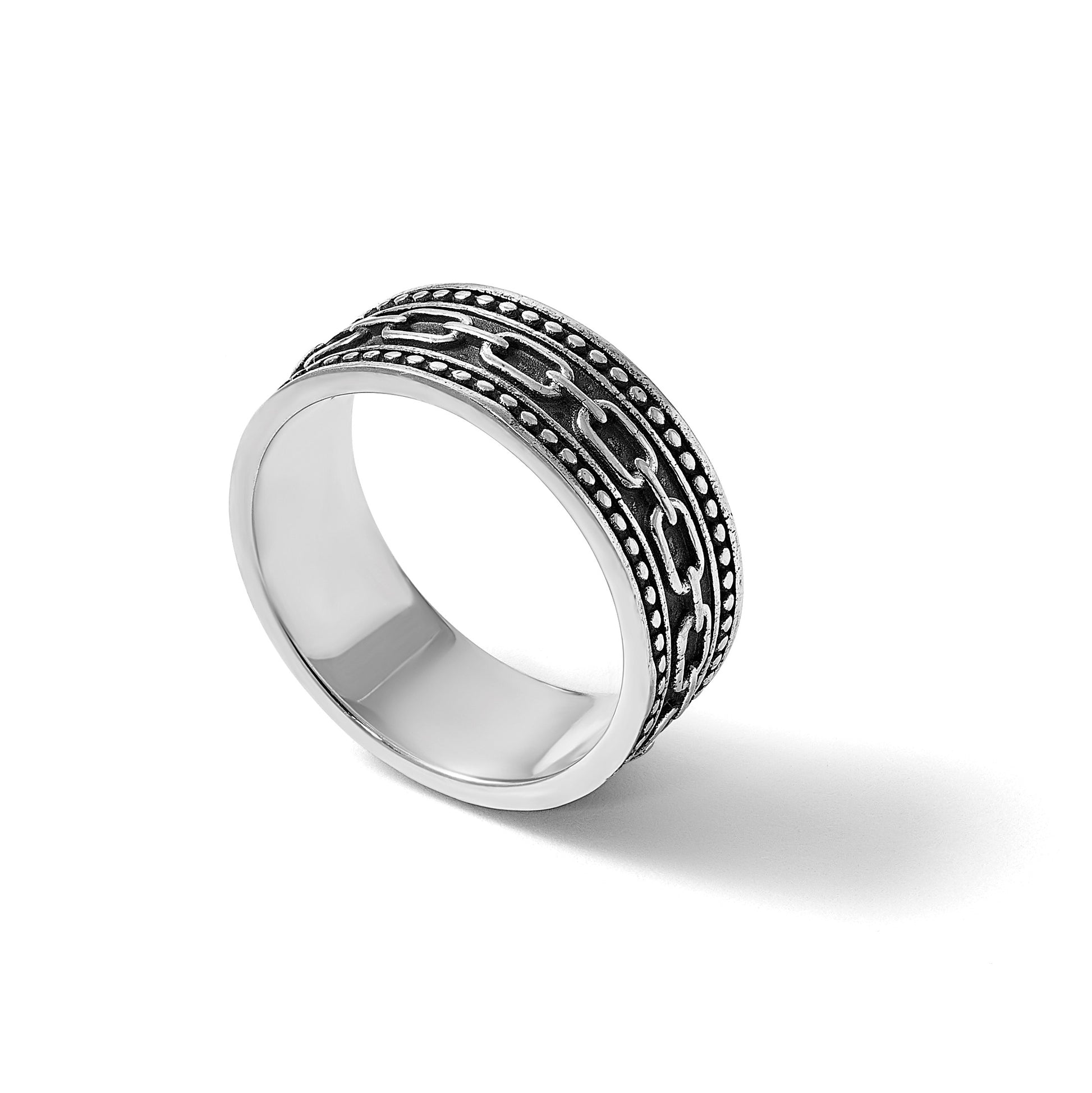 Sterling Silver Polished Beaded Antiqued Chain Link Band Size 11 Mens Ring