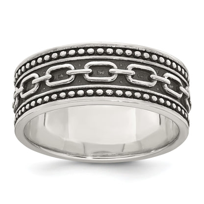 Sterling Silver Polished Beaded Antiqued Chain Link Band Size 10 Mens Ring