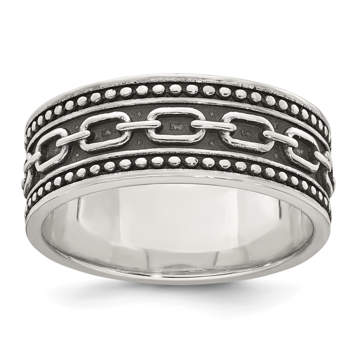Sterling Silver Polished Beaded Antiqued Chain Link Band Size 9 Mens Ring