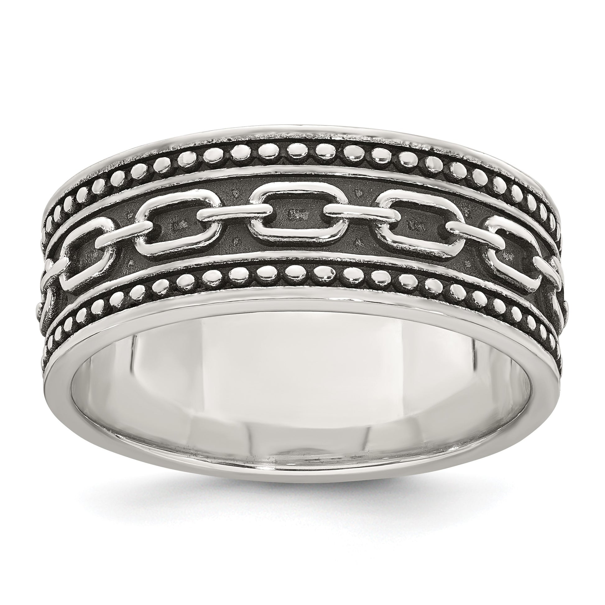 Sterling Silver Polished Beaded Antiqued Chain Link Band Size 9 Mens Ring