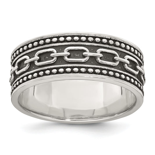 Sterling Silver Polished Beaded Antiqued Chain Link Band Size 9 Mens Ring