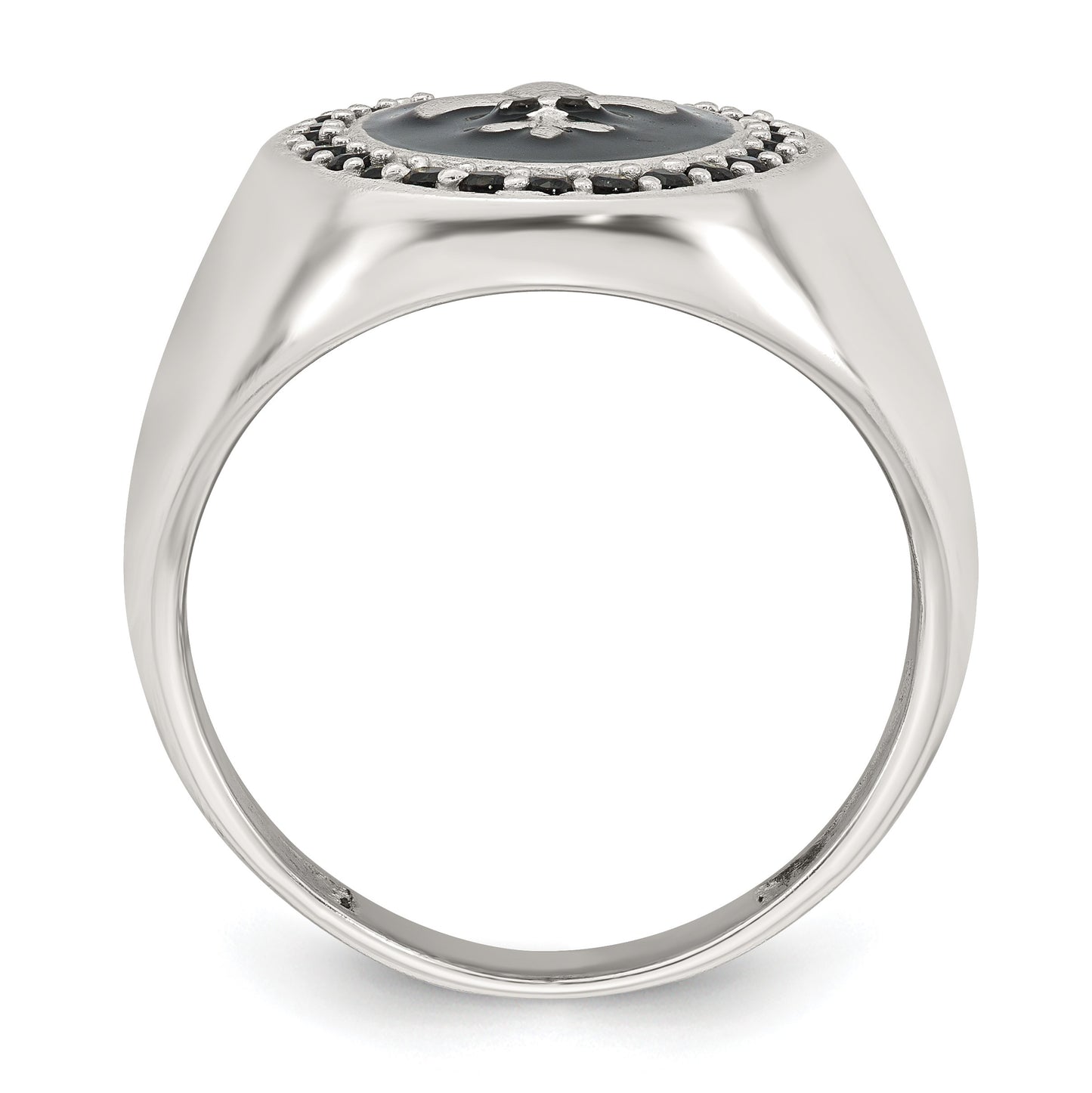 Sterling Silver Polished Fleur de Lis Black Enameled and Black Nano Crystals Size 9 Mens Signet Ring