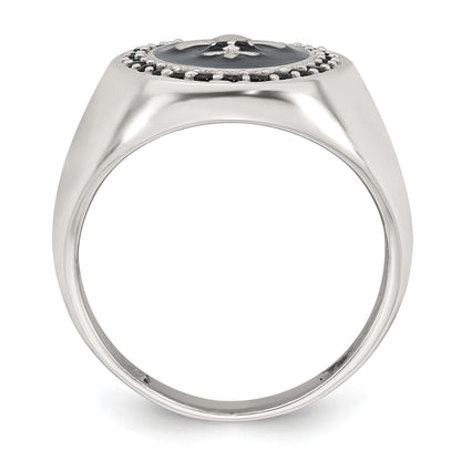 Sterling Silver Polished Fleur de Lis Black Enameled and Black Nano Crystals Size 9 Mens Signet Ring