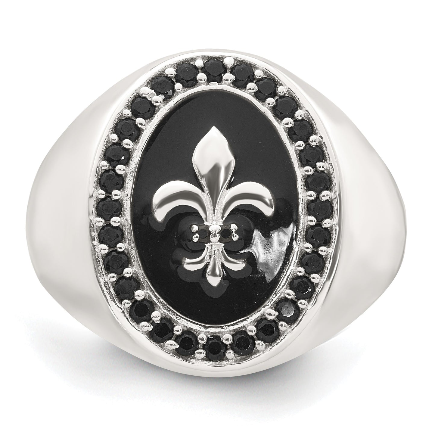Sterling Silver Polished Fleur de Lis Black Enameled and Black Nano Crystals Size 9 Mens Signet Ring