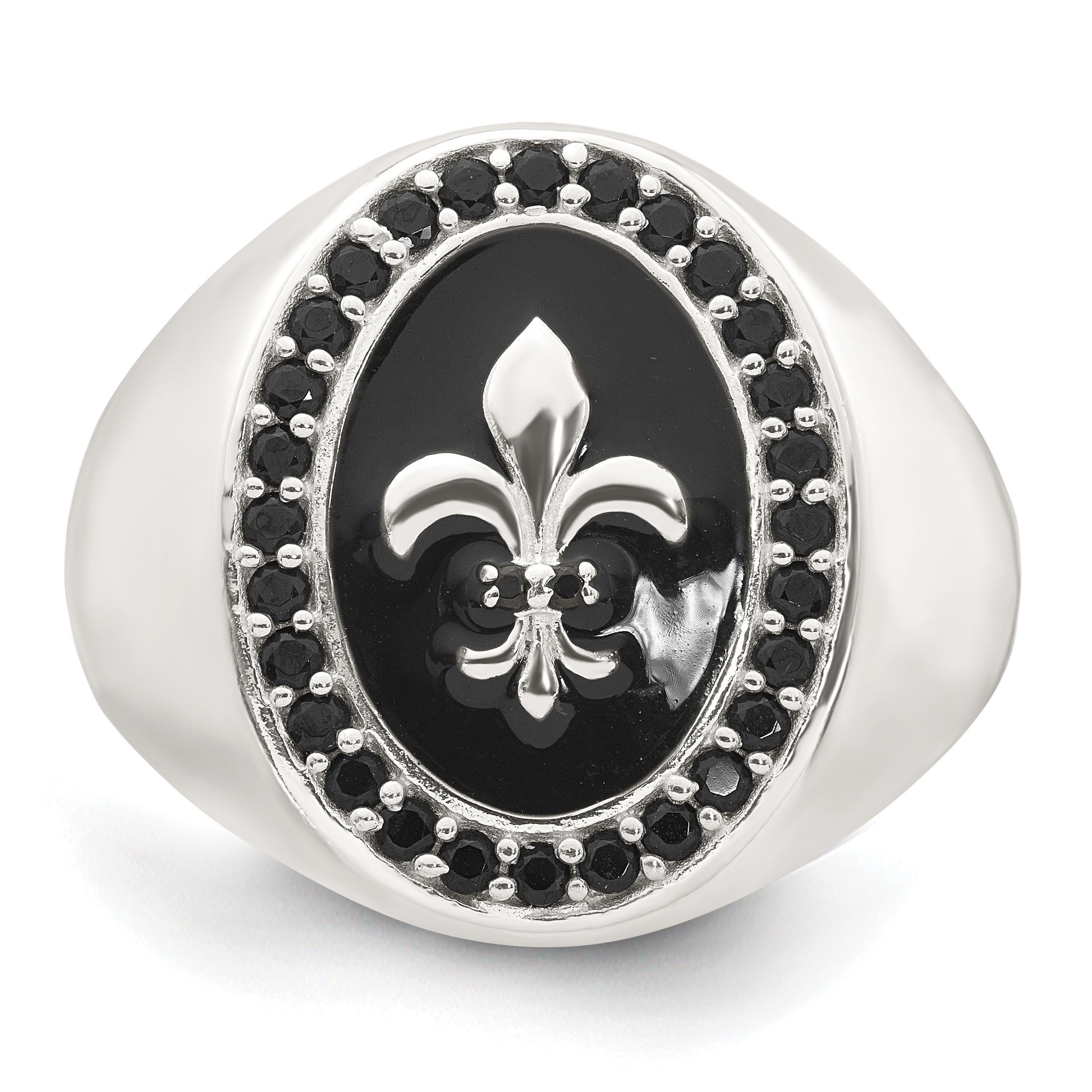 Sterling Silver Polished Fleur de Lis Black Enameled and Black Nano Crystals Size 9 Mens Signet Ring