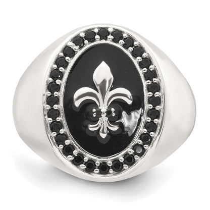 Sterling Silver Polished Fleur de Lis Black Enameled and Black Nano Crystals Size 9 Mens Signet Ring