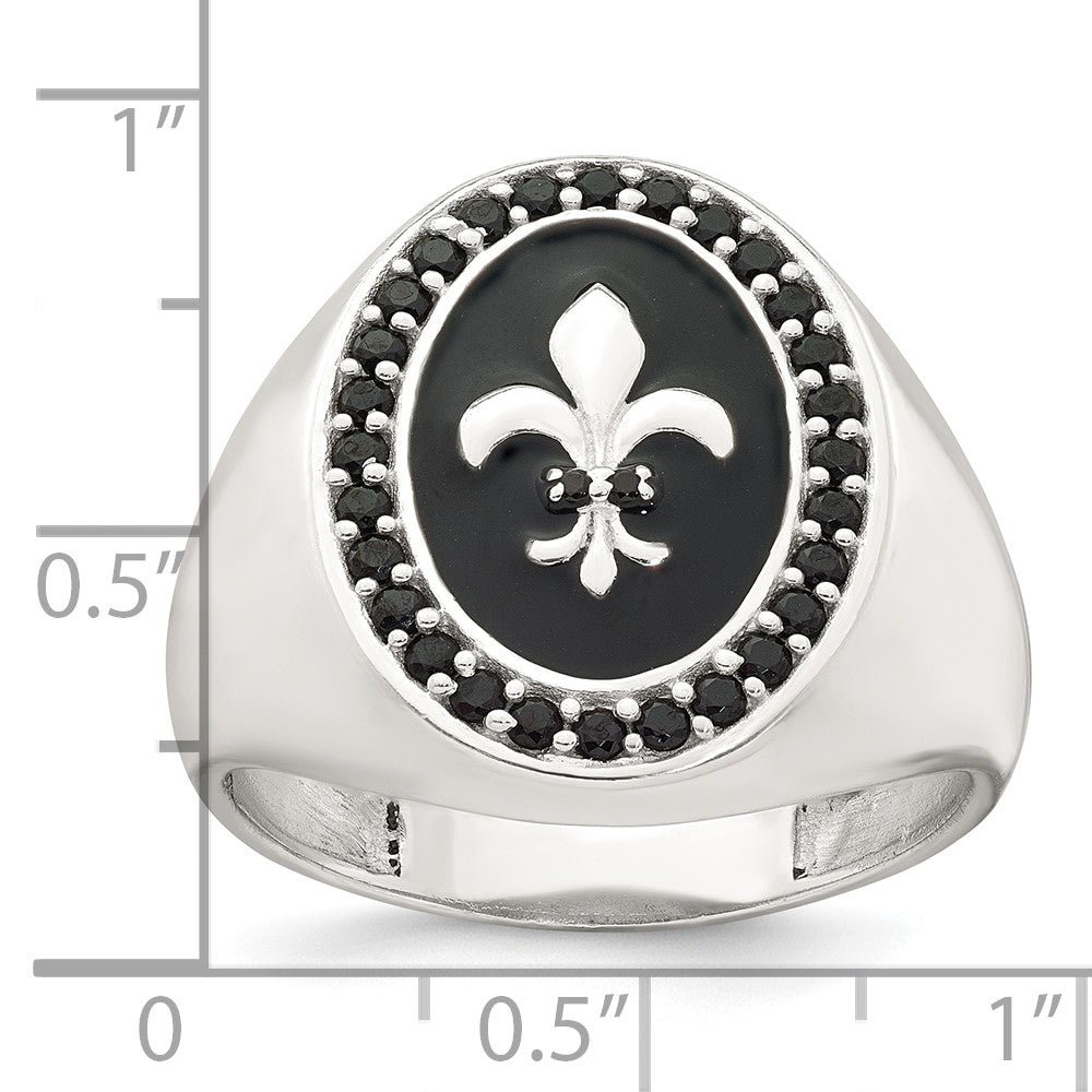 Sterling Silver Polished Fleur de Lis Black Enameled and Black Nano Crystals Size 9 Mens Signet Ring