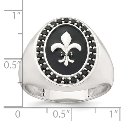 Sterling Silver Polished Fleur de Lis Black Enameled and Black Nano Crystals Size 9 Mens Signet Ring