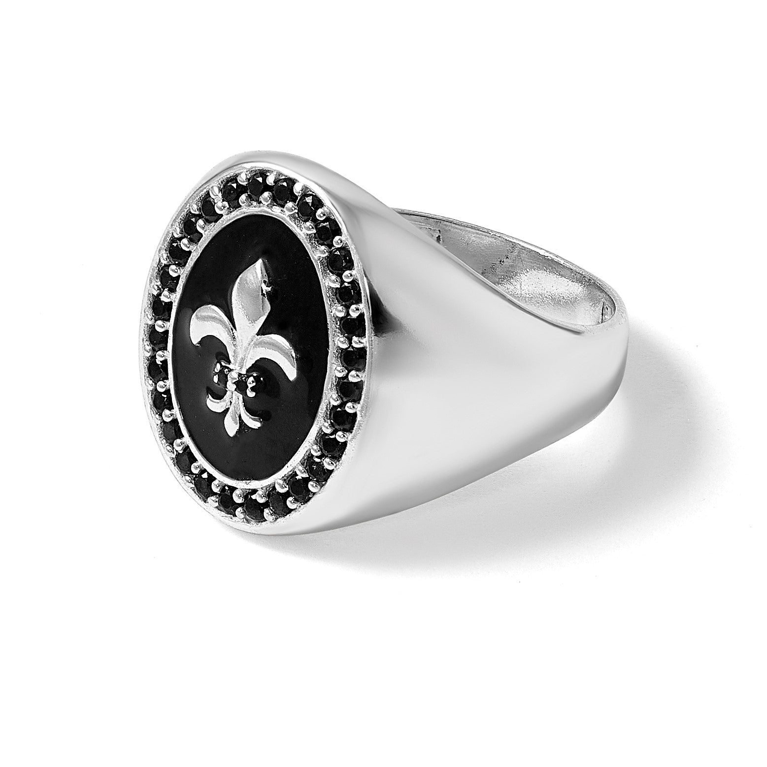 Sterling Silver Polished Fleur de Lis Black Enameled and Black Nano Crystals Size 9 Mens Signet Ring