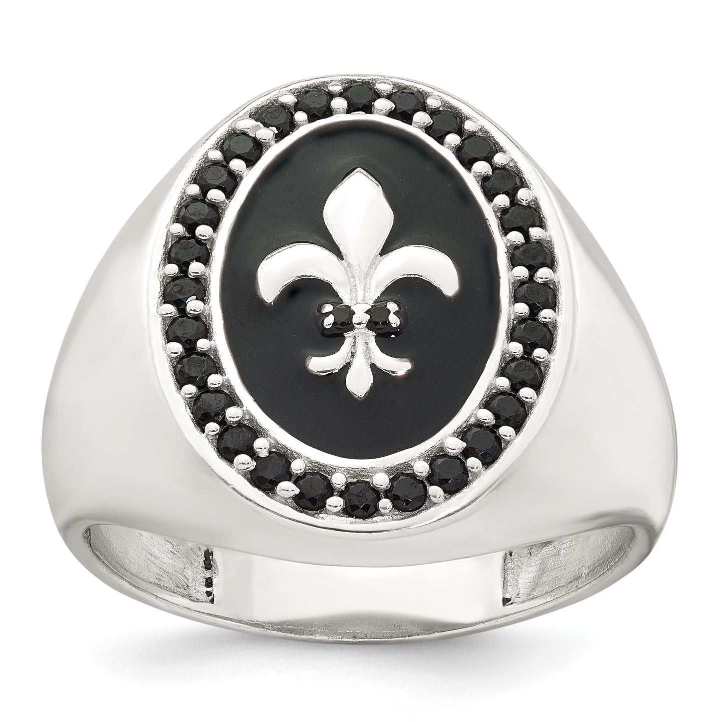 Sterling Silver Polished Fleur de Lis Black Enameled and Black Nano Crystals Size 9 Mens Signet Ring