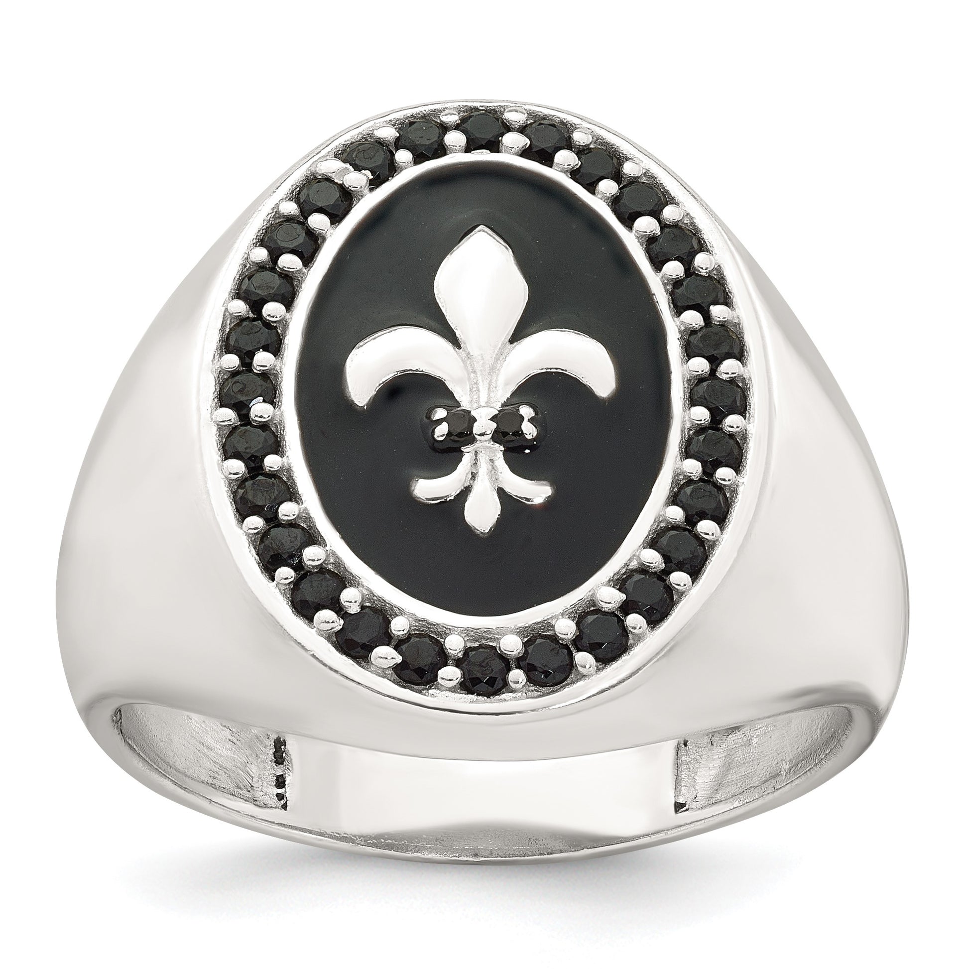 Sterling Silver Polished Fleur de Lis Black Enameled and Black Nano Crystals Size 9 Mens Signet Ring