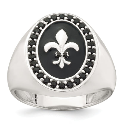 Sterling Silver Polished Fleur de Lis Black Enameled and Black Nano Crystals Size 9 Mens Signet Ring