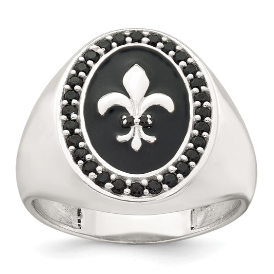 Sterling Silver Polished Fleur de Lis Black Enameled and Black Nano Crystals Size 9 Mens Signet Ring