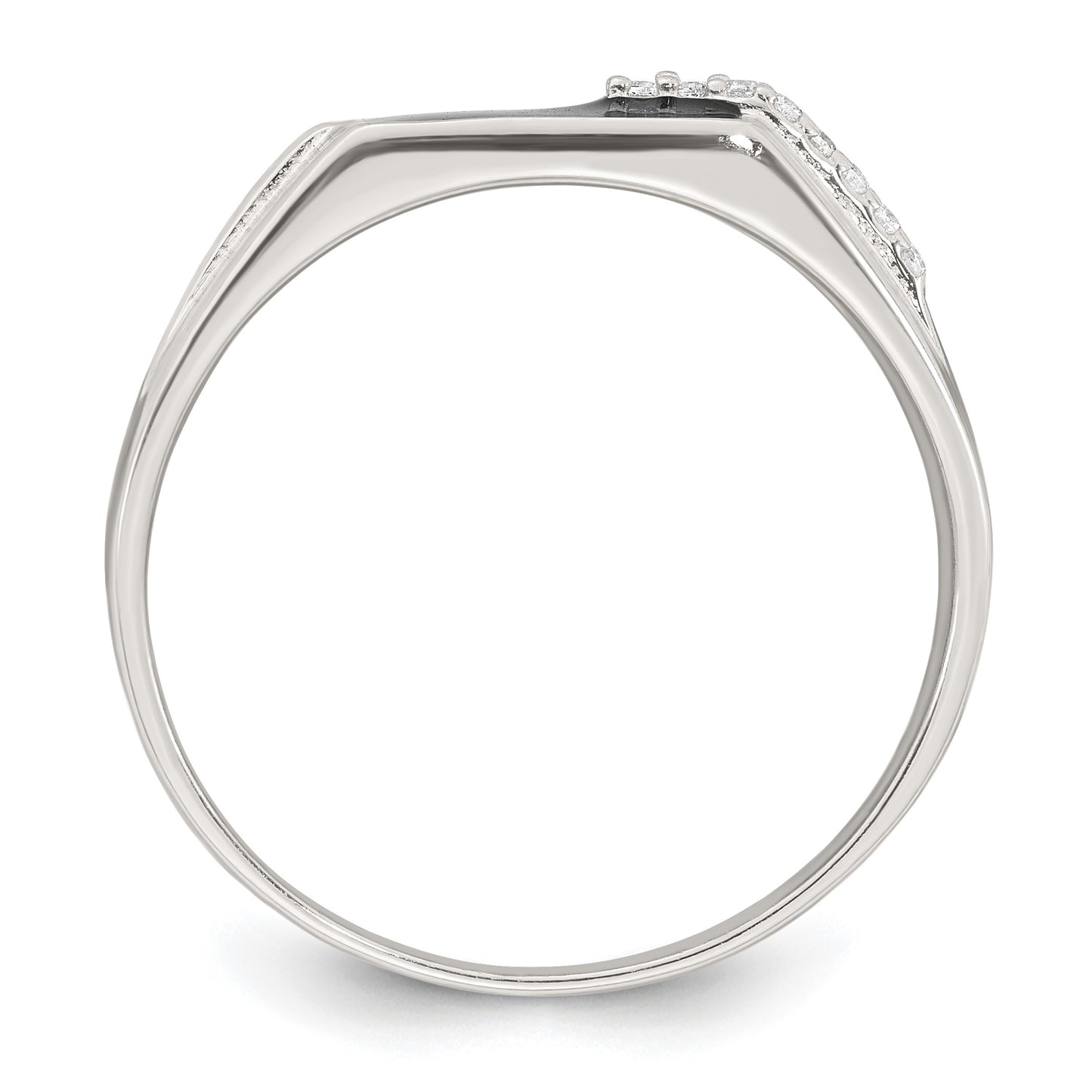 Sterling Silver Polished Black Enameled and White CZ Size 11 Mens Signet Ring