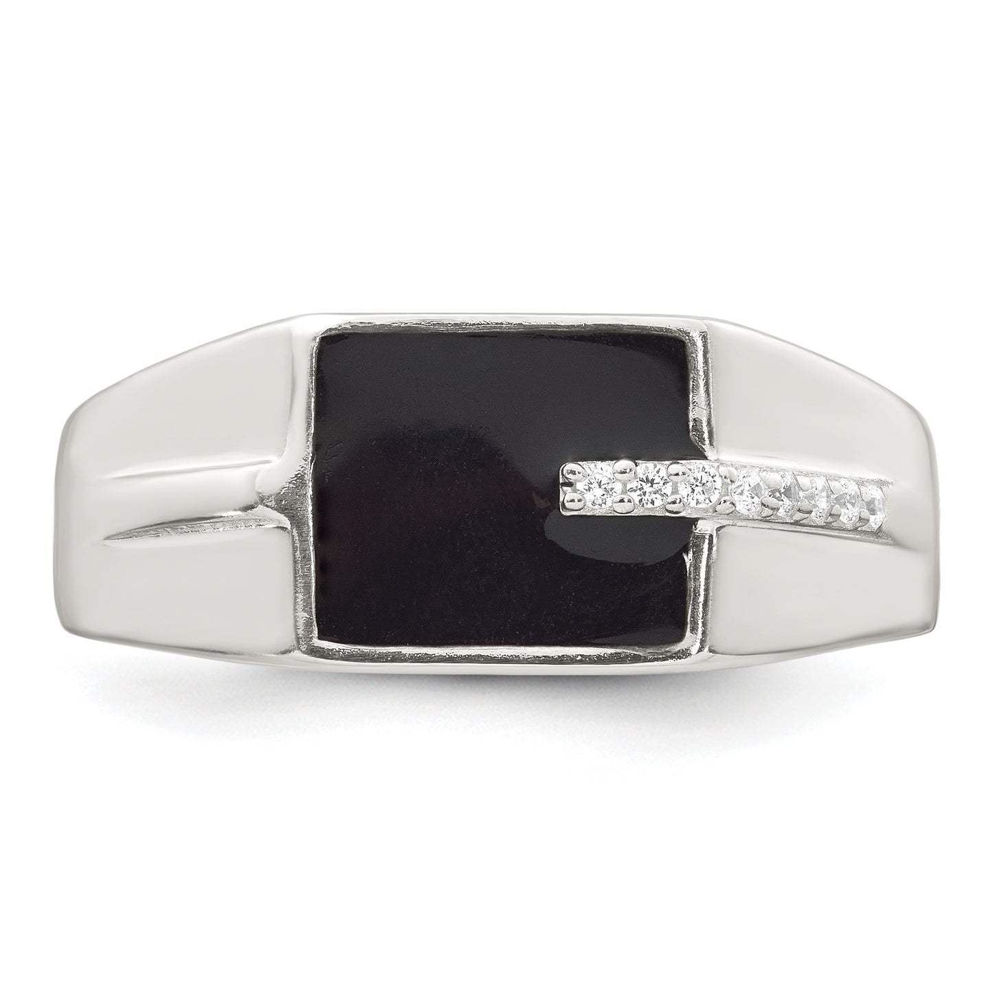 Sterling Silver Polished Black Enameled and White CZ Size 11 Mens Signet Ring