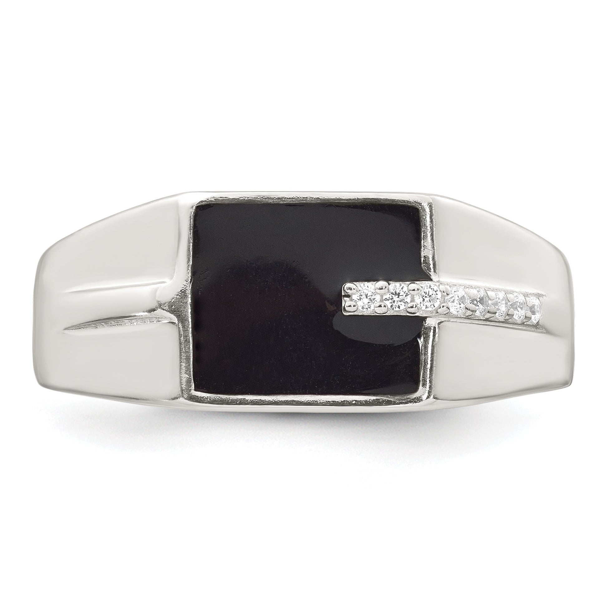 Sterling Silver Polished Black Enameled and White CZ Size 11 Mens Signet Ring