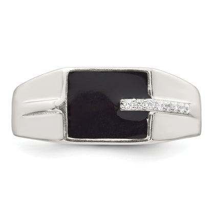 Sterling Silver Polished Black Enameled and White CZ Size 9 Mens Signet Ring