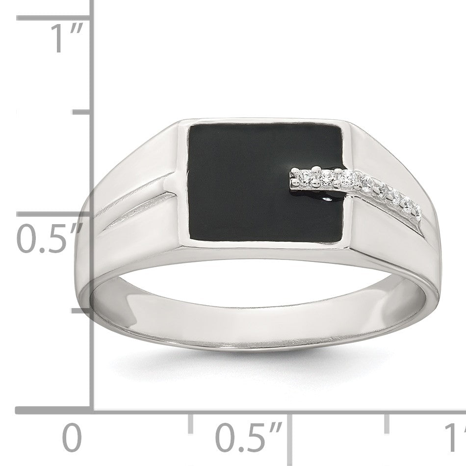 Sterling Silver Polished Black Enameled and White CZ Size 11 Mens Signet Ring
