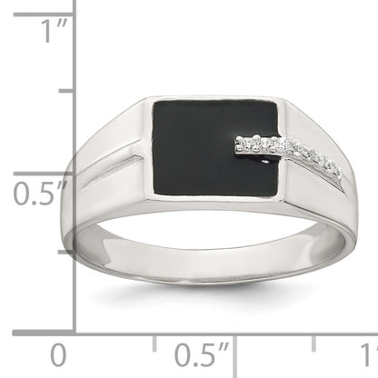 Sterling Silver Polished Black Enameled and White CZ Size 9 Mens Signet Ring