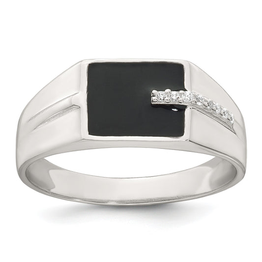 Sterling Silver Polished Black Enameled and White CZ Size 9 Mens Signet Ring