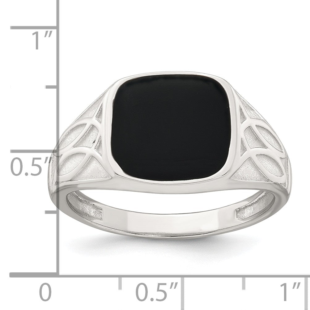 Sterling Silver Polished and Textured Black Enameled Size 11 Mens Signet Ring