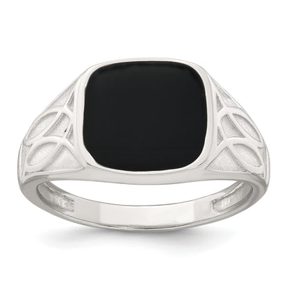 Sterling Silver Polished and Textured Black Enameled Size 10 Mens Signet Ring