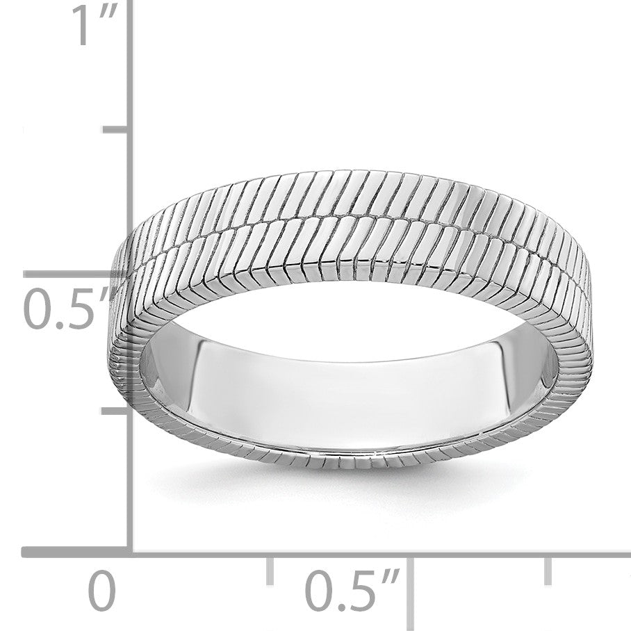Sterling Silver Rhodium-plated Polished and Textured 5.00mm Band Size 9 Mens Ring