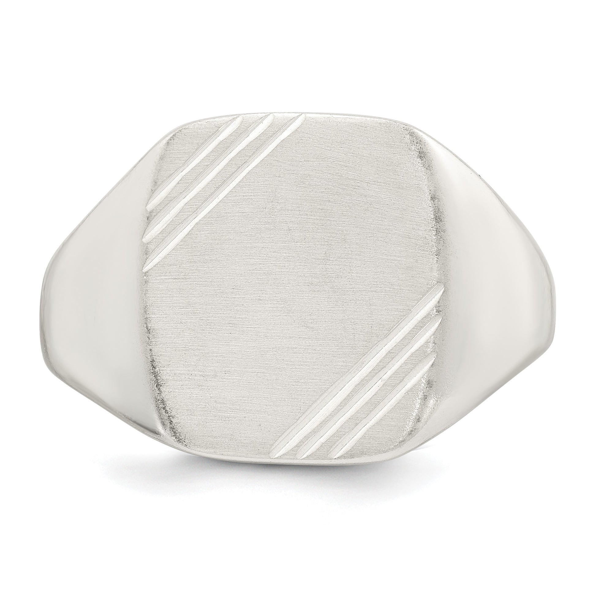 Sterling Silver Polished Brushed and Grooved 15.3mm x 13.2mm Rectangle Closed Back Size 11 Mens Signet Ring