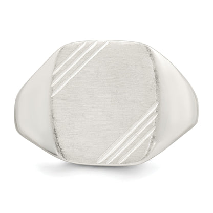 Sterling Silver Polished Brushed and Grooved 15.3mm x 13.2mm Rectangle Closed Back Size 11 Mens Signet Ring